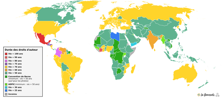 Carte de la durée des droits patrimoniaux des auteur·es par pays